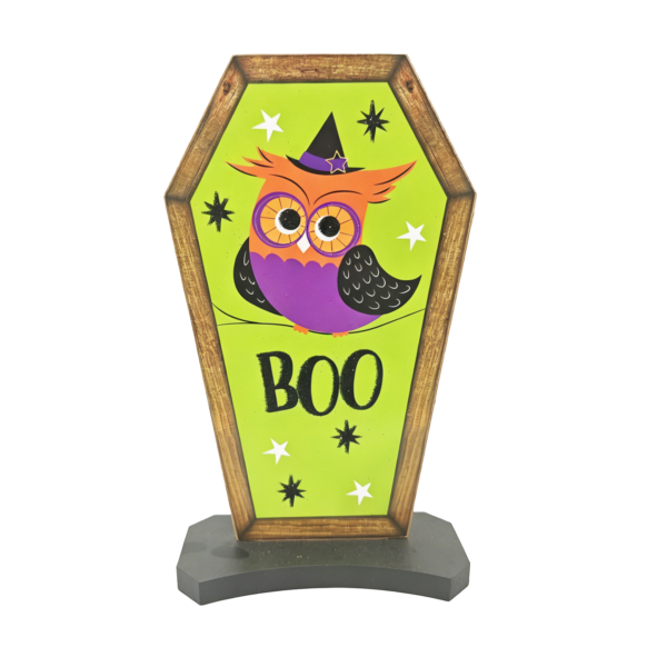 Whimsical Coffin-Shaped Halloween Wooden Signs - Set of 3 Tabletop & Freestanding Spooky Decor (Owl, Pumpkin, Cat)