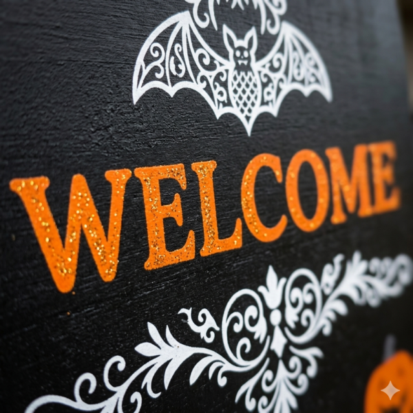 Vibrant Halloween Wooden Porch Signs - Large Vertical Welcome Floor Decor with Glitter Accents - Set of 4 (Owl, Pumpkin, Cat Gnome, Skeleton)