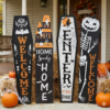 Vibrant Halloween Wooden Porch Signs - Large Vertical Welcome Floor Decor with Glitter Accents - Set of 4 (Owl, Pumpkin, Cat Gnome, Skeleton)