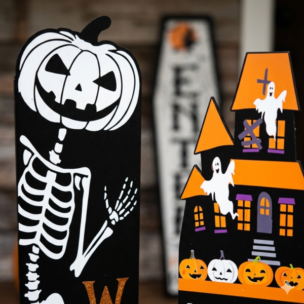 Vibrant Halloween Wooden Porch Signs - Large Vertical Welcome Floor Decor with Glitter Accents - Set of 4 (Owl, Pumpkin, Cat Gnome, Skeleton)