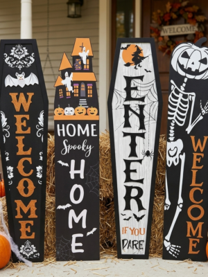 Vibrant Halloween Wooden Porch Signs - Large Vertical Welcome Floor Decor with Glitter Accents - Set of 4 (Owl, Pumpkin, Cat Gnome, Skeleton)
