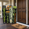 Vibrant Halloween Wooden Porch Signs - Large Vertical Welcome Floor Decor with Glitter Accents - Set of 4 (Owl, Pumpkin, Cat Gnome, Skeleton)