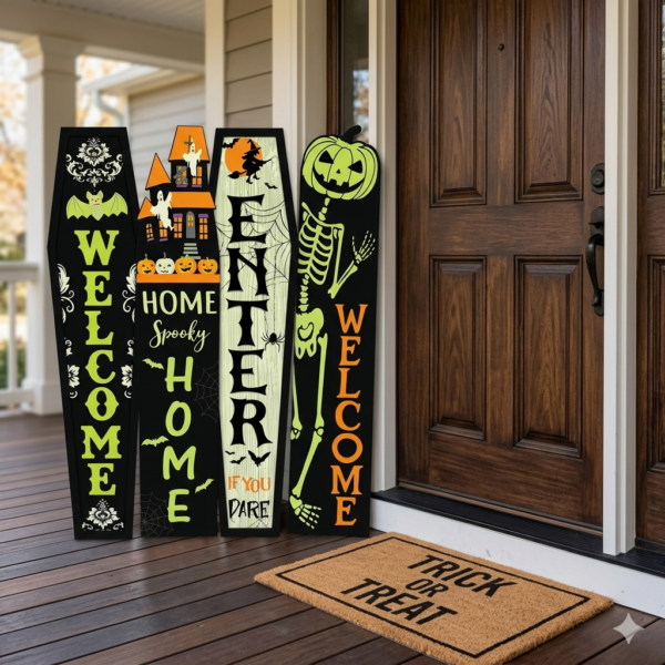 Vibrant Halloween Wooden Porch Signs - Large Vertical Welcome Floor Decor with Glitter Accents - Set of 4 (Owl, Pumpkin, Cat Gnome, Skeleton)