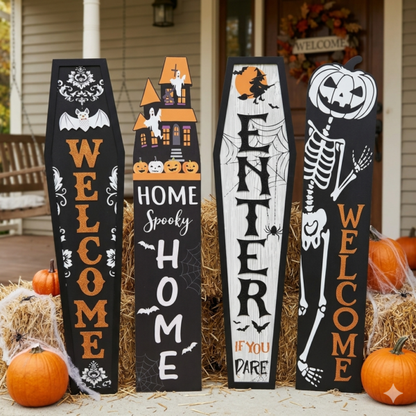 Vibrant Halloween Wooden Porch Signs - Large Vertical Welcome Floor Decor with Glitter Accents - Set of 4 (Owl, Pumpkin, Cat Gnome, Skeleton)