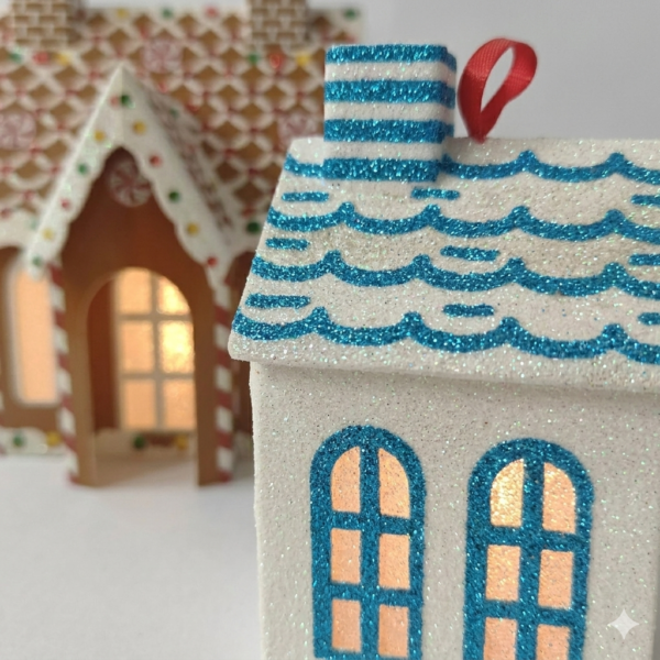 LED Light-Up Gingerbread & Frosted House Christmas Ornament Set - Set of 2 tabletop and Hanging Festive Decor