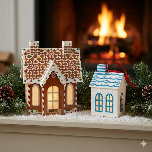 LED Light-Up Gingerbread & Frosted House Christmas Ornament Set - Set of 2 tabletop and Hanging Festive Decor