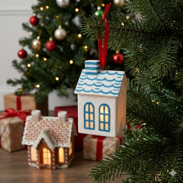 LED Light-Up Gingerbread & Frosted House Christmas Ornament Set - Set of 2 tabletop and Hanging Festive Decor