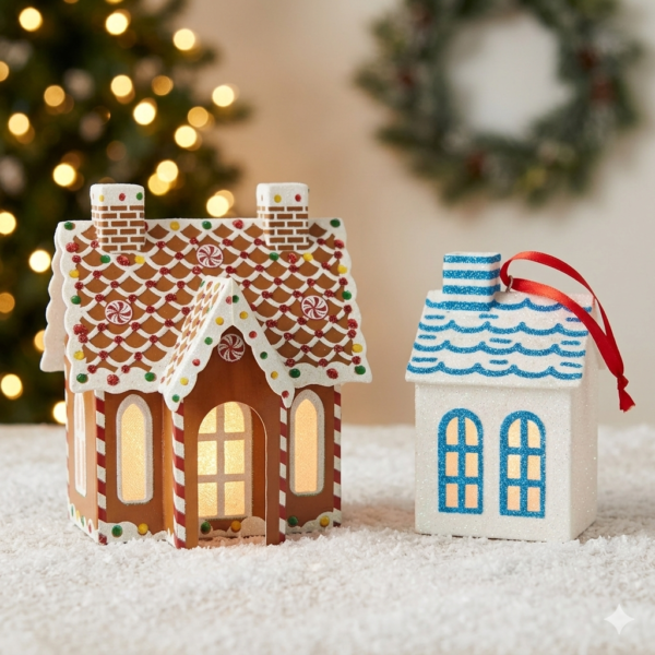 LED Light-Up Gingerbread & Frosted House Christmas Ornament Set - Set of 2 tabletop and Hanging Festive Decor