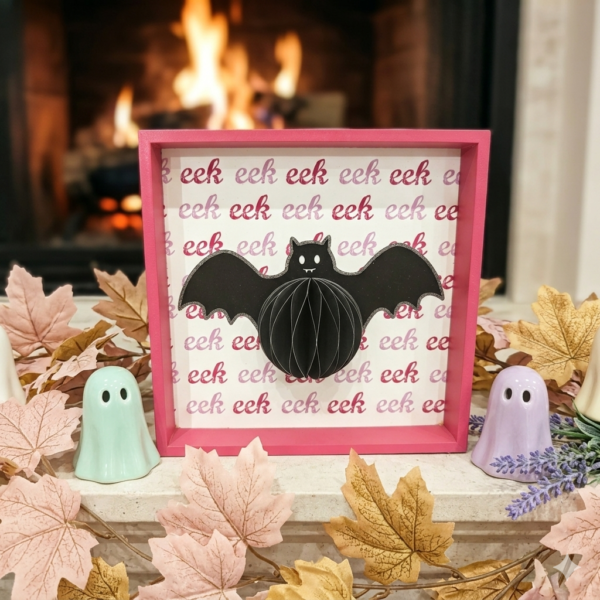 Pastel 3D Shadow Box Bat Ornament with Honeycomb Paper Body - Bright Pink Framed Halloween Wall & Tabletop Decor - Set of 2