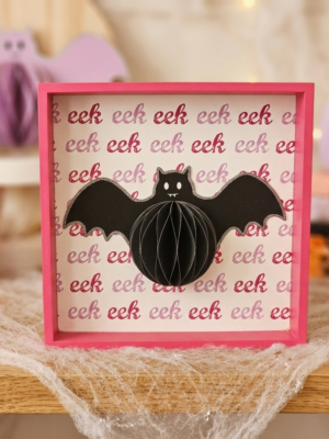Pastel 3D Shadow Box Bat Ornament with Honeycomb Paper Body - Bright Pink Framed Halloween Wall & Tabletop Decor - Set of 2