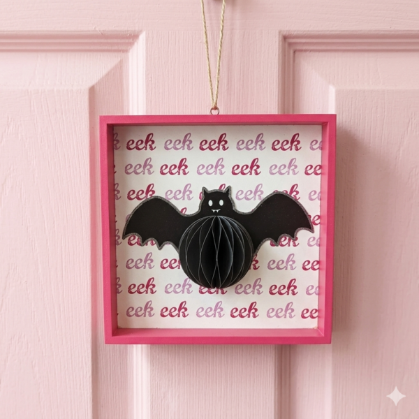 Pastel 3D Shadow Box Bat Ornament with Honeycomb Paper Body - Bright Pink Framed Halloween Wall & Tabletop Decor - Set of 2