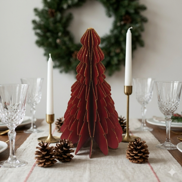 Elegant Red Honeycomb Paper Christmas Tree Ornament - Collapsible Tabletop Decor with Gold Glitter Edging - Factory Direct Holiday Decor