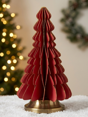 Elegant Red Honeycomb Paper Christmas Tree Ornament - Collapsible Tabletop Decor with Gold Glitter Edging - Factory Direct Holiday Decor