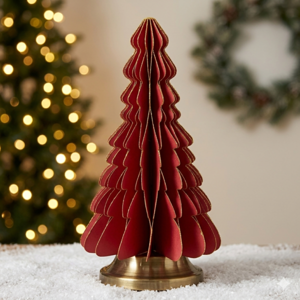 Elegant Red Honeycomb Paper Christmas Tree Ornament - Collapsible Tabletop Decor with Gold Glitter Edging - Factory Direct Holiday Decor