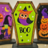 Whimsical Coffin-Shaped Halloween Wooden Signs - Set of 3 Tabletop & Freestanding Spooky Decor (Owl, Pumpkin, Cat)