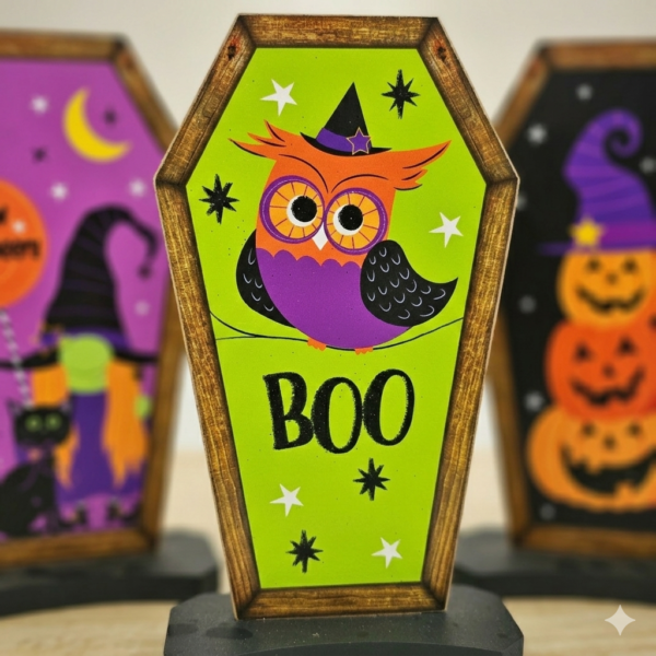 Whimsical Coffin-Shaped Halloween Wooden Signs - Set of 3 Tabletop & Freestanding Spooky Decor (Owl, Pumpkin, Cat)