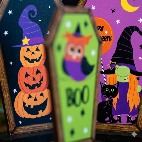 Whimsical Coffin-Shaped Halloween Wooden Signs - Set of 3 Tabletop & Freestanding Spooky Decor (Owl, Pumpkin, Cat)