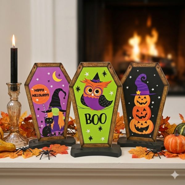 Whimsical Coffin-Shaped Halloween Wooden Signs - Set of 3 Tabletop & Freestanding Spooky Decor (Owl, Pumpkin, Cat)