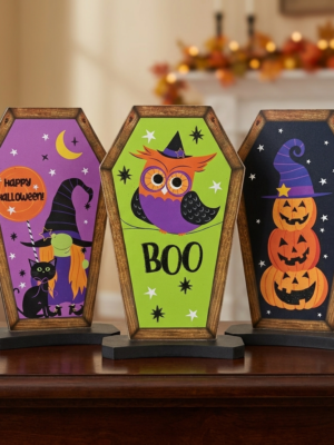 Whimsical Coffin-Shaped Halloween Wooden Signs - Set of 3 Tabletop & Freestanding Spooky Decor (Owl, Pumpkin, Cat)