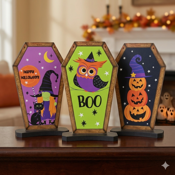 Whimsical Coffin-Shaped Halloween Wooden Signs - Set of 3 Tabletop & Freestanding Spooky Decor (Owl, Pumpkin, Cat)