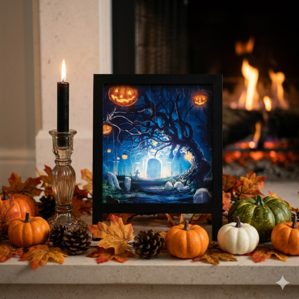 LED Light-Up Halloween Scene Shadow Box - Brightly Illuminated Spooky Forest with Pumpkin Lanterns - Tabletop & Hanging Coffin Decor