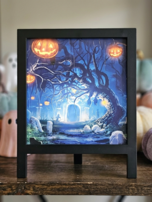 LED Light-Up Halloween Scene Shadow Box - Brightly Illuminated Spooky Forest with Pumpkin Lanterns - Tabletop & Hanging Coffin Decor