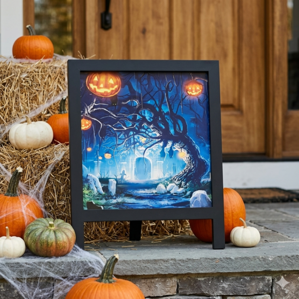 LED Light-Up Halloween Scene Shadow Box - Brightly Illuminated Spooky Forest with Pumpkin Lanterns - Tabletop & Hanging Coffin Decor