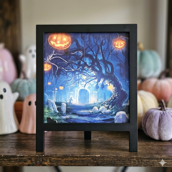 LED Light-Up Halloween Scene Shadow Box - Brightly Illuminated Spooky Forest with Pumpkin Lanterns - Tabletop & Hanging Coffin Decor