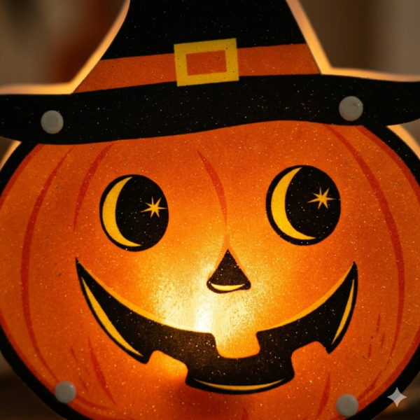 Retro LED Light-Up Halloween Pumpkin Witch Ornament - Set of 2 Tabletop and Hanging Spooky Decor