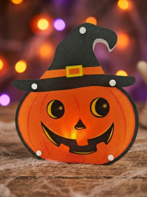 Retro LED Light-Up Halloween Pumpkin Witch Ornament - Set of 2 Tabletop and Hanging Spooky Decor