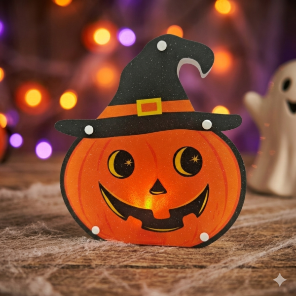 Retro LED Light-Up Halloween Pumpkin Witch Ornament - Set of 2 Tabletop and Hanging Spooky Decor