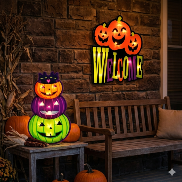 Light-Up Halloween Welcome Sign & Stacked Pumpkin Tower Decoration Set (2-Piece)