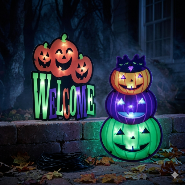 Light-Up Halloween Welcome Sign & Stacked Pumpkin Tower Decoration Set (2-Piece)