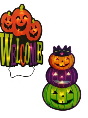 Light-Up Halloween Welcome Sign & Stacked Pumpkin Tower Decoration Set (2-Piece)