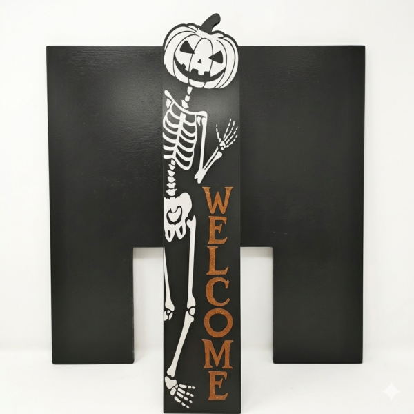Vibrant Halloween Wooden Porch Signs - Large Vertical Welcome Floor Decor with Glitter Accents - Set of 4 (Owl, Pumpkin, Cat Gnome, Skeleton)