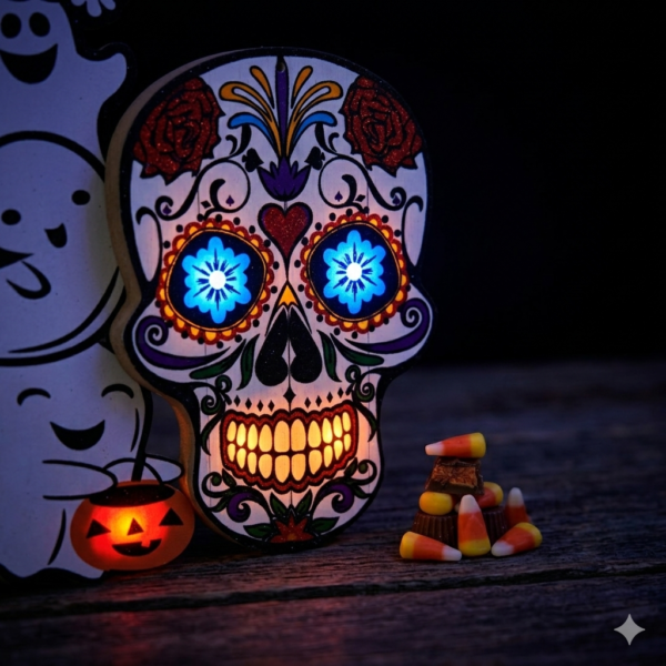 Halloween Jointed Wooden Glitter Ornament Series - Available in Skull, Jenga Ghost, Haunted House - Indoor and Outdoor Holiday Decorations