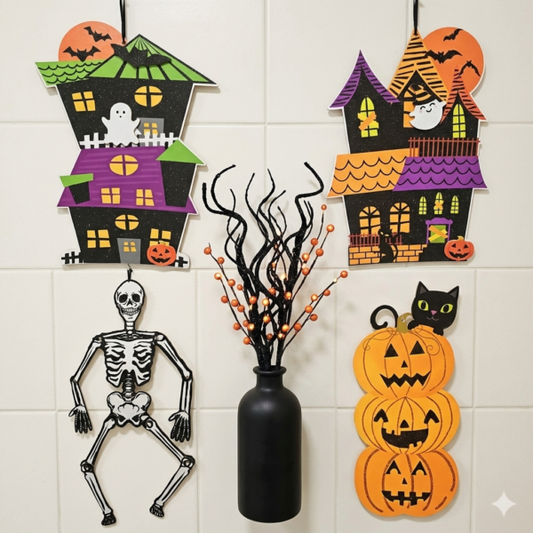 Halloween Jointed Wooden Glitter Ornament Series - Available in Skull, Jenga Ghost, Haunted House - Indoor and Outdoor Holiday Decorations