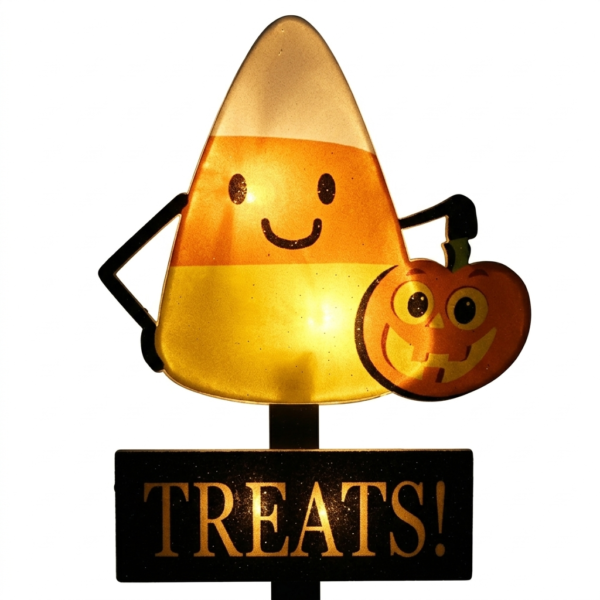 Halloween Illuminated Patio Signs 3-Piece Set - LED Spider Web/Candy Corn/Witch Pot, Holiday Party Outdoor Lawn Decorations