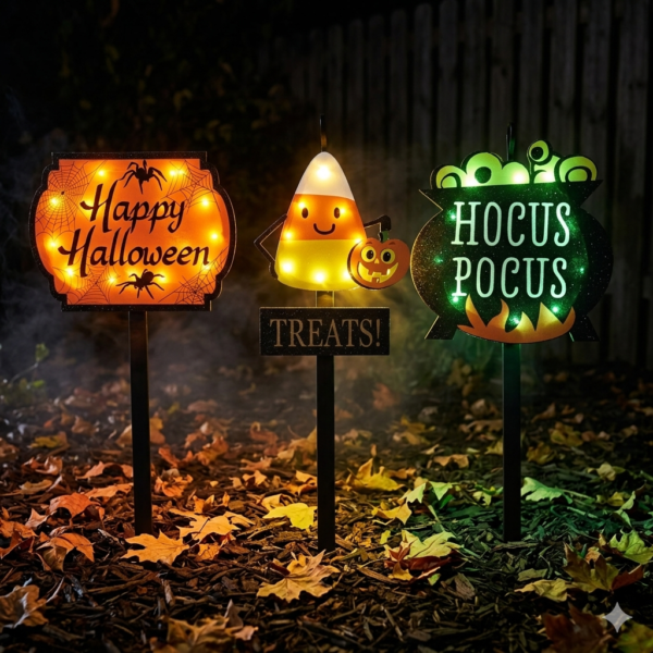 Halloween Illuminated Patio Signs 3-Piece Set - LED Spider Web/Candy Corn/Witch Pot, Holiday Party Outdoor Lawn Decorations