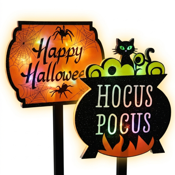 Halloween Illuminated Patio Signs 3-Piece Set - LED Spider Web/Candy Corn/Witch Pot, Holiday Party Outdoor Lawn Decorations